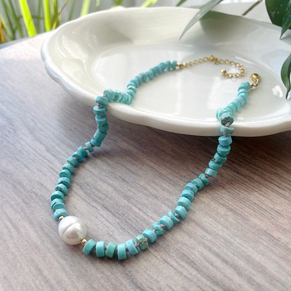 Beaded necklace, Turquoise necklace , Baroque pearl, Blue necklace, Turquoise and Pearl, Birthday gift, Knotted necklace.