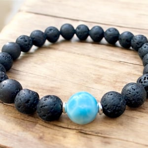 Larimar bracelet, Larimar and Lava bracelet, elastic bracelet, bracelet for men, Dominican Larimar bracelet.
