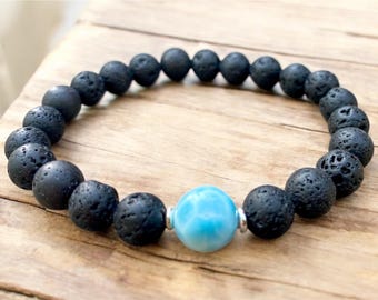 Larimar bracelet, Larimar and Lava bracelet, elastic bracelet, bracelet for men, Dominican Larimar bracelet.