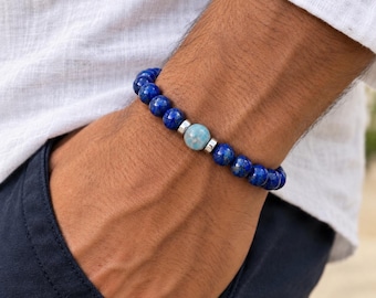 Larimar and Lapis Lazuli bracelet, Beaded bracelet, men’s bracelet, women’s bracelet, gift for him, Blue bracelet.