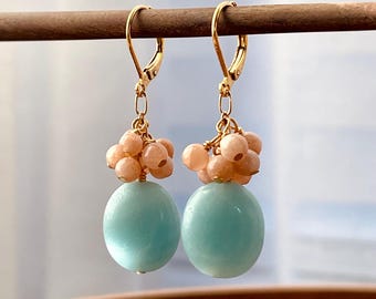 Amazonite and Sunstone Dangle Earrings: Beaded Gold-Plated Findings