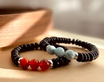 Carnelian & Onyx Beaded Bracelet: Sterling Silver Accents, Boho Style