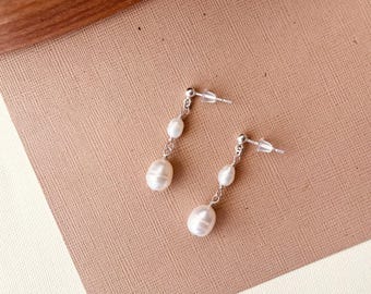 Sterling Silver Freshwater Pearl Drop Earrings: Bridal Dangle Jewelry