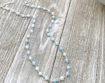 Aquamarine Necklace, Natural Aquamarine, Beaded necklace, Dainty necklace, Sterling silver necklace, Gemstone necklace.