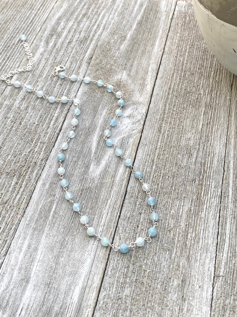 Aquamarine Necklace, Natural Aquamarine, Beaded necklace, Dainty necklace, Sterling silver necklace, Gemstone necklace. 