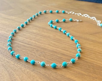 Turquoise necklace, Turquoise beaded necklace, Beaded necklace, Blue necklace, Gift for her, Sterling silver necklace, Dainty necklace.