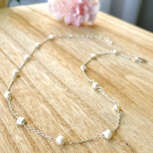Dainty Freshwater Pearl Necklace: Sterling Silver Beaded Chain