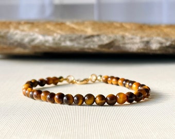 Tiger Eye Beaded Bracelet: 18k Gold Plated Closure