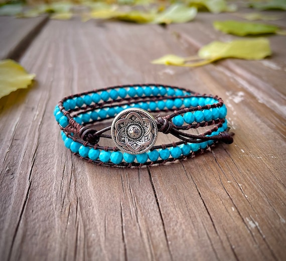 Turquoise Beaded Leather Wrap Bracelet: Boho Double Wrap - Etsy