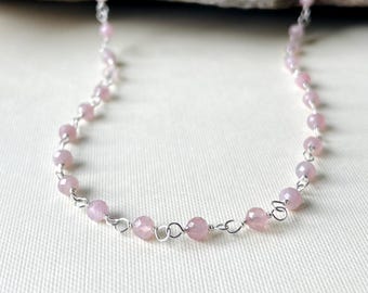 Collar de cuentas de cuarzo rosa: plata de ley, piedra curativa natural