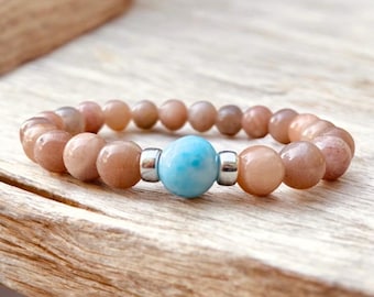 Larimar Sunstone Bracelet: Sterling Silver Beaded Stretch Bracelet