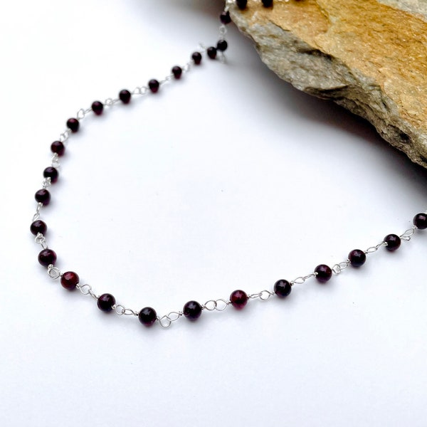 Garnet necklace, Beaded necklace, Garnet beaded necklace, Sterling silver necklace, gift for her, Choker necklace.