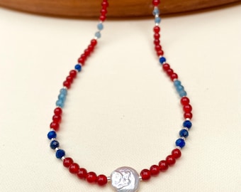 Carnelian Lapis Lazuli Aquamarine Pearl Necklace: Sterling Silver