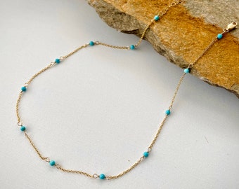 Collar minimalista de turquesa: cadena de cuentas de plata esterlina o chapada en oro de 14 k