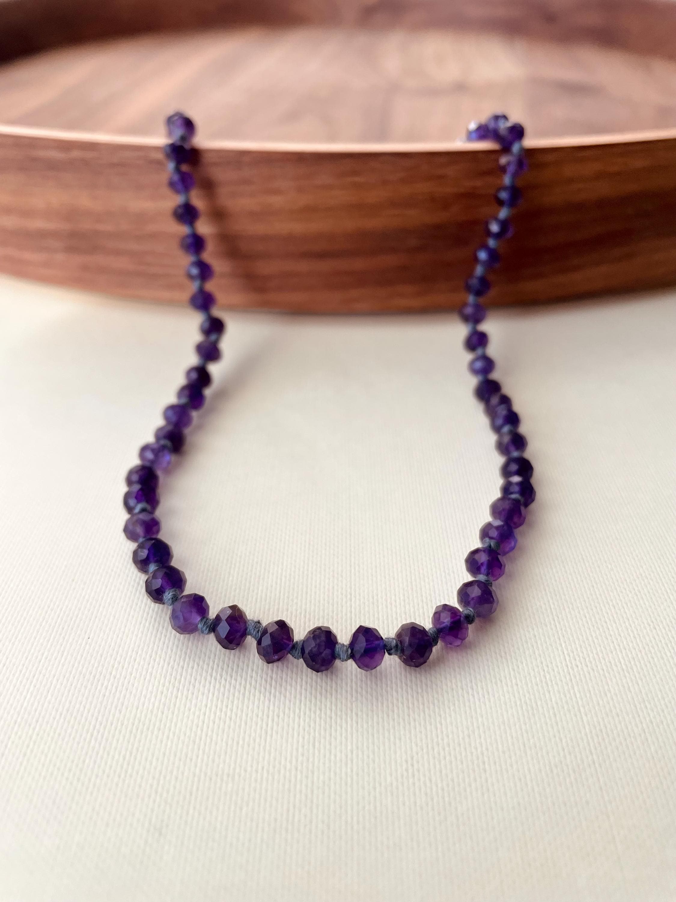 Amethyst knotted necklace, Amethyst necklace, Beaded necklace, purple necklace, Choker necklace, Birthday gift.