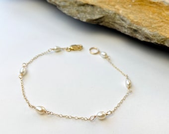 Handmade Dainty Freshwater Pearl Bracelet: 14k Gold Filled Chain