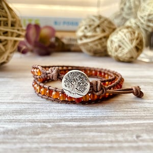 Beaded bracelet, Carnelian bracelet, Boho bracelet, double wrap bracelet, Leather bracelet.