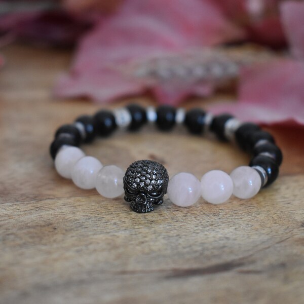 BRACELET FEMME - Brcelet "Skull' Quartz rose & Tourmaline