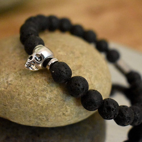 Bracelet Homme - Pierre de lave, Skull