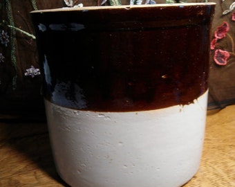 Old Brown and Tan Crock with Brown Interior, 7" tall