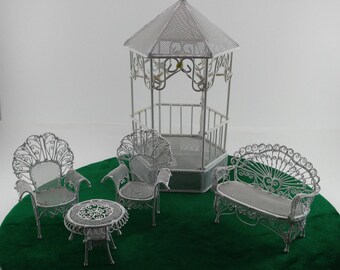 Miniature Dollhouse Metal Lighted Gazebo, Table, Chairs and Settee Set