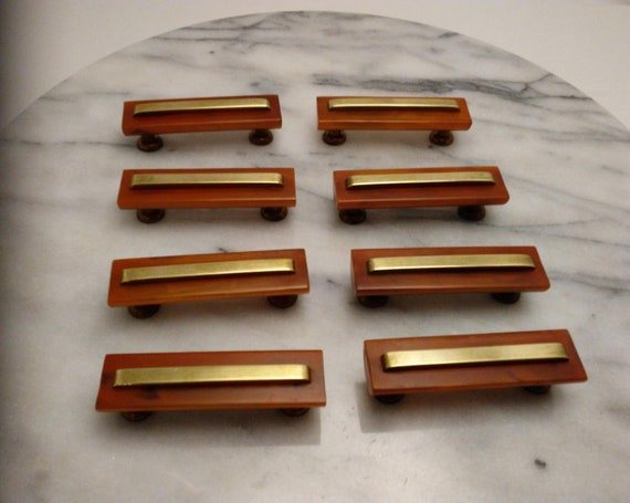 8 Butterscotch Bakelite Drawer Pulls Handles With Brass Etsy