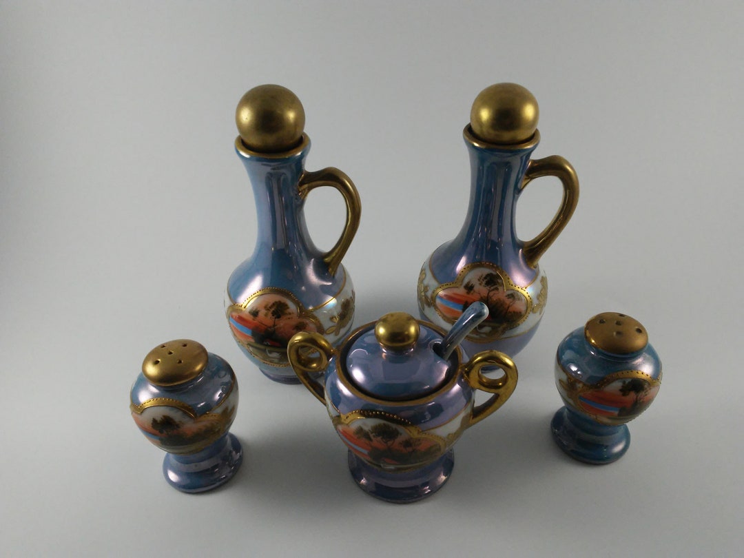 Japanese Cruet Set, 9 Pieces, Oil and Vinegar With Lids, Salt and