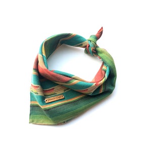 May include: A green, orange, and yellow striped bandana with a brown leather tag that says "Forest's Craft".