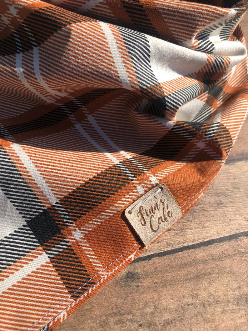 Personalized Fall Plaid Dog Bandana / Plaid Rustic Orange Fall Autumn Pet Bandana / Plaid White Burnt Orange October Bandanna image 4