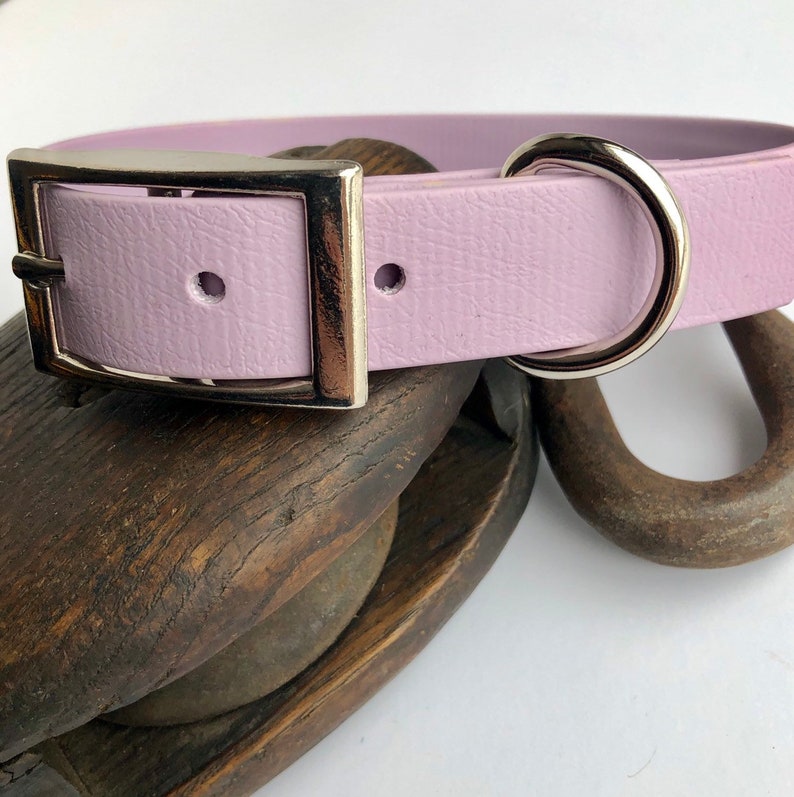 Peut inclure: Un collier pour chien de couleur lavande avec une boucle et un anneau en D argent&eacute;s.