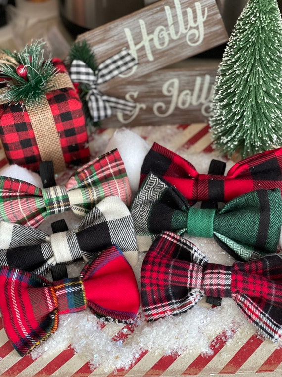 Holiday Bow Tie Christmas Bow ties Flannel Christmas Plaid Bow Tie Various Pattern Dog Collar Bow Tie Dog Bowties Matching Bowtie Etsy