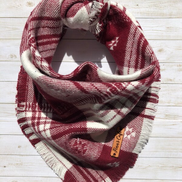 LIMITED QUANTITY REMAINING - Aztec Flannel Frayed Dog Bandana / Maroon and White Flannel Bandana / Wine Color Dog Bandana Aztec