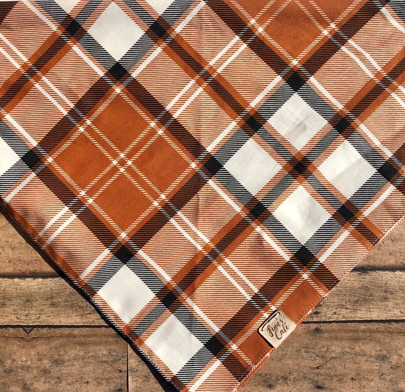 Personalized Fall Plaid Dog Bandana / Plaid Rustic Orange Fall Autumn Pet Bandana / Plaid White Burnt Orange October Bandanna image 2