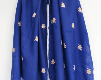 Handloom Blue Cashmere sozni  bootah embroidered shawl, anniversary present, meditation fashion scarf, Christmas gift, Valentine's gift