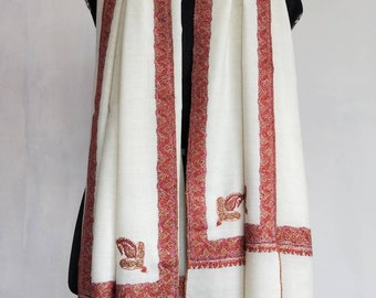 Ivory handcrafted original pashmina, women's wedding shawl, Sozni needle embroidery wide border wrap, large size 105 x 205 cm
