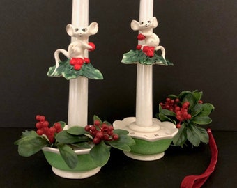 1958 Howard Holt Vintage Holly Christmas mice mouse candleclimbers candlehuggers candleholders frogs retro midcentury