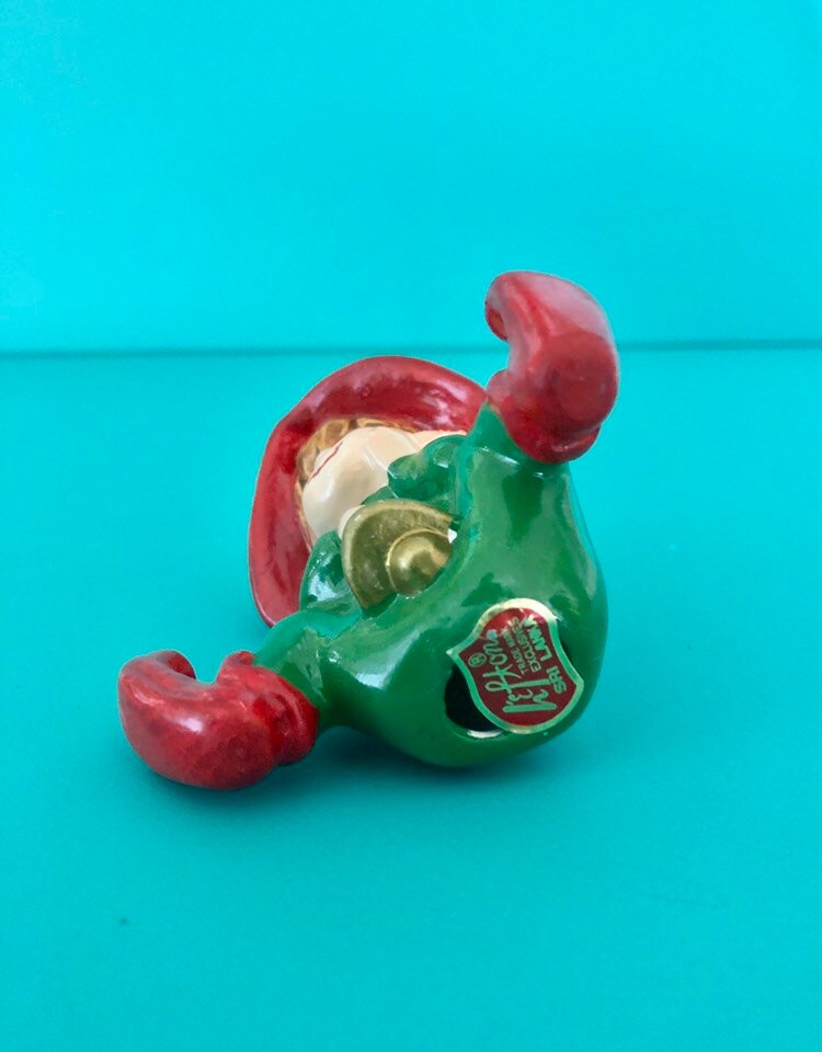 Lefton vintage Christmas elf pixie gnome holding gold