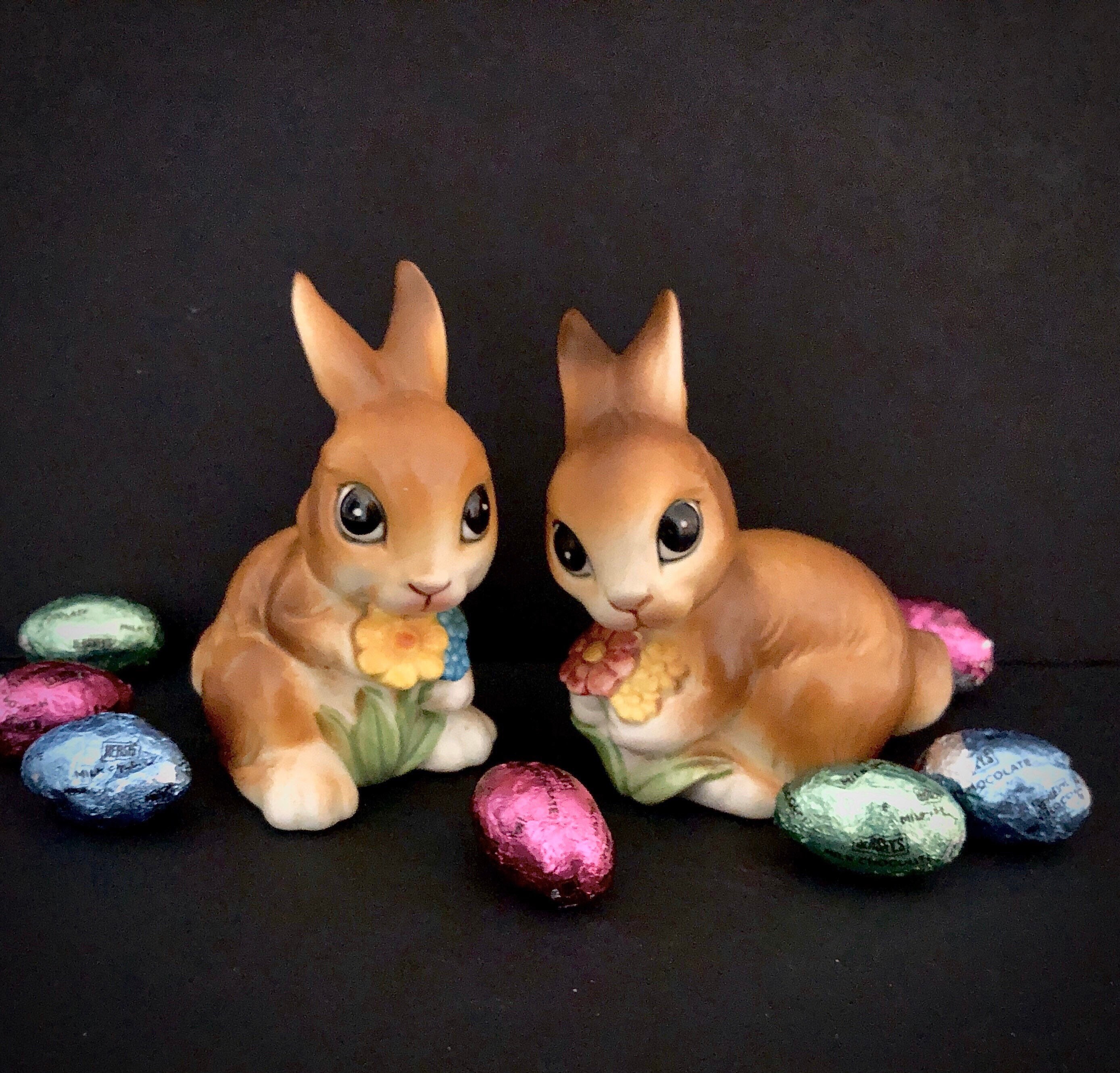 Vintage Easter Bunny Figurines holding flowers channeling Thumper from Bambi retro midcentury