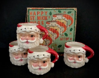 Inarco Vintage Christmas Winking Santa Mug Set MCM retro midcentury