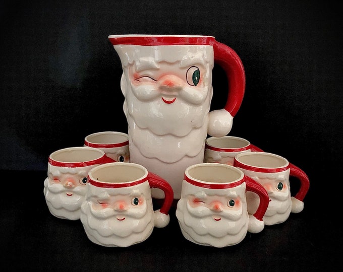 Howard Holt Vintage Christmas White Beard Winking Santa Pitcher Mugs