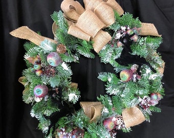 Vintage Wreath Christmas 17" refurbished with sugared fruit and flocked deer reindeer burlap ribbon retro midcentury