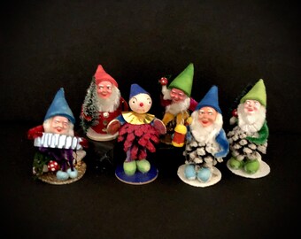 Vintage Christmas pinecone spun cotton elves gnomes and clown set of 6 marked Made in Germany US-Zone Mid century retro 1946 to 1948