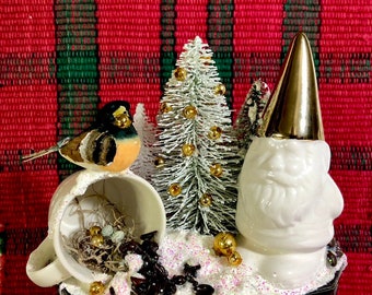 Christmas elf gnome vignette Starbucks espresso mug coffee beans bottlebrush tree bird nest eggs snow vintage vase