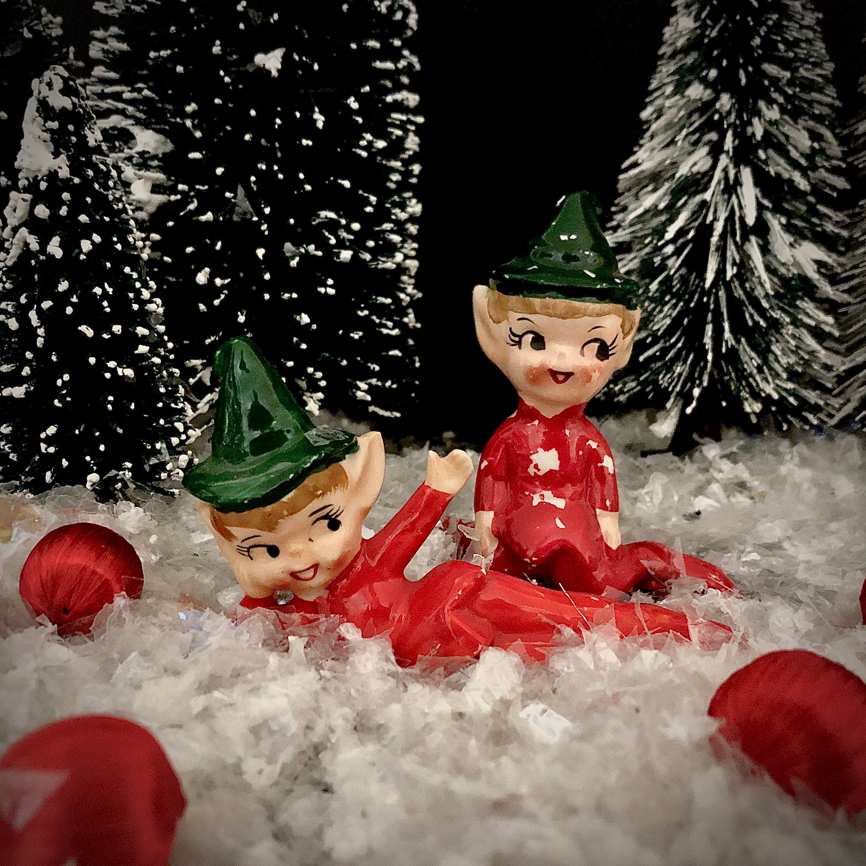 Vintage Christmas pixies elves Artmark pixie elf red and green outfits ...