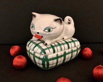 Holt Howard Cozy Kitten Tape Measure and Pin Holder Siamese cat figurine squeaker Vintage Christmas MCM retro midcentury