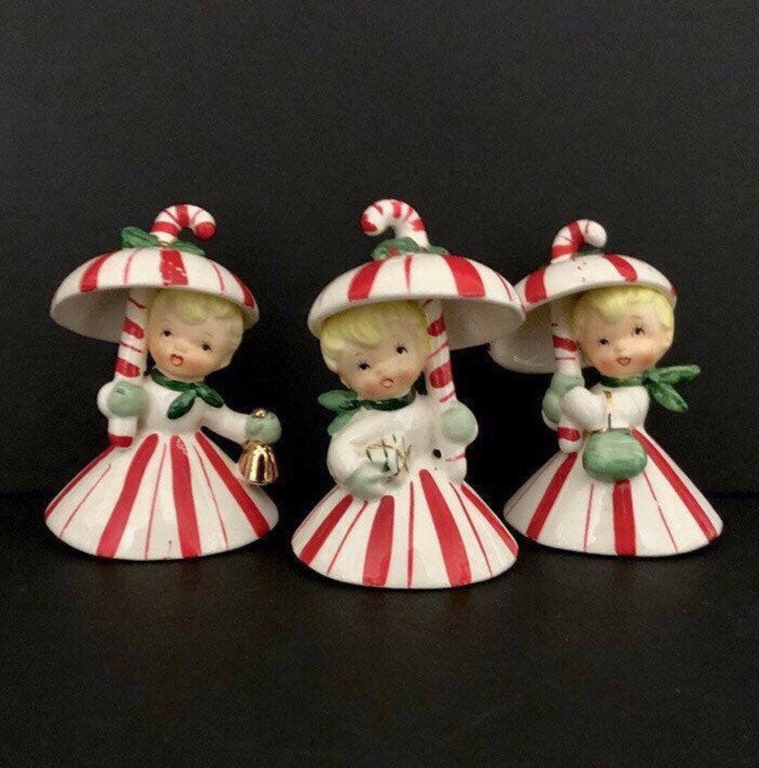 Near Mint Napco Vintage Christmas Candycane Candy Cane Shopper Girl Bells Angel Bell Bells