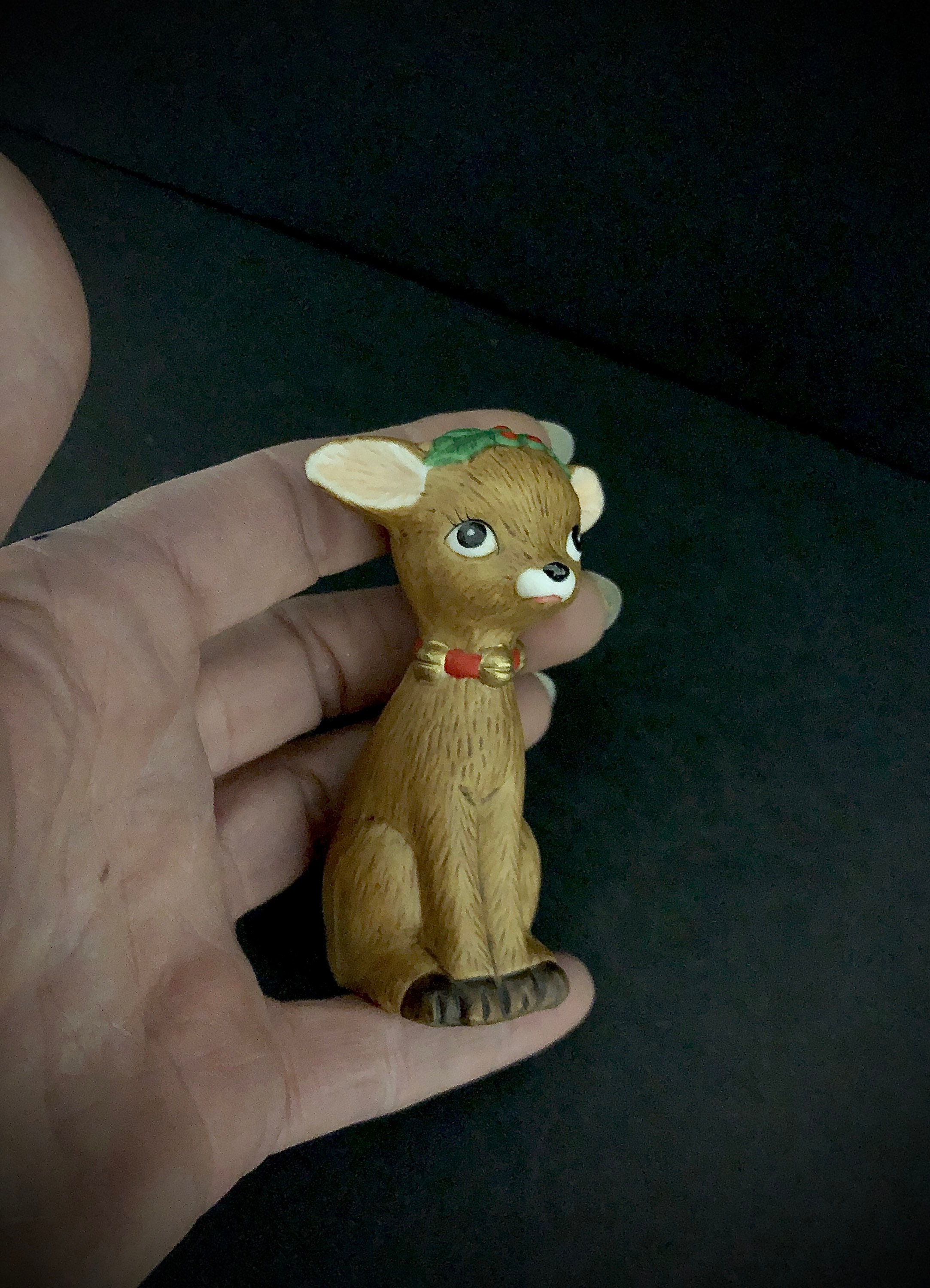 Mint Vintage Lefton Christmas Deer whimsical posed wearing sleigh bell collars midcentury bisque MCM