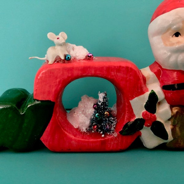 Vintage Christmas Santa Noel Napkin ring repurposed vignette Diorama Bottlebrush tree mouse miniature ornaments pink snow