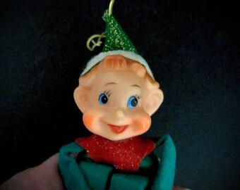 Vintage Christmas Teal Kneehugger Elf with sparkly red cuffs and jester collar MCM midcentury