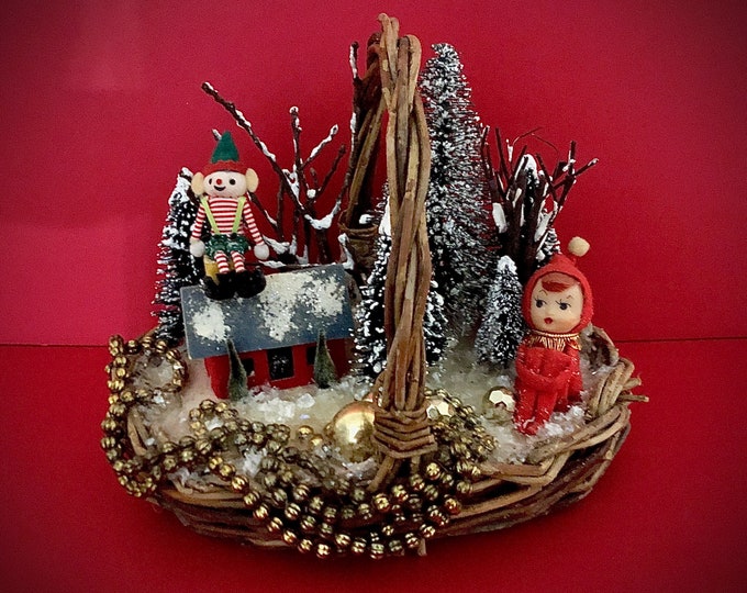 Vintage Christmas Putz Pixie and Mercury Glass Wicker Basket Vignette